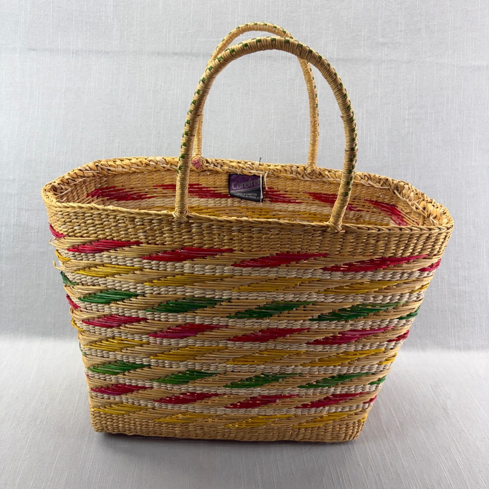 Carefree Woven Straw Tote Bag Large Multicolor Striped Market Beach Bag